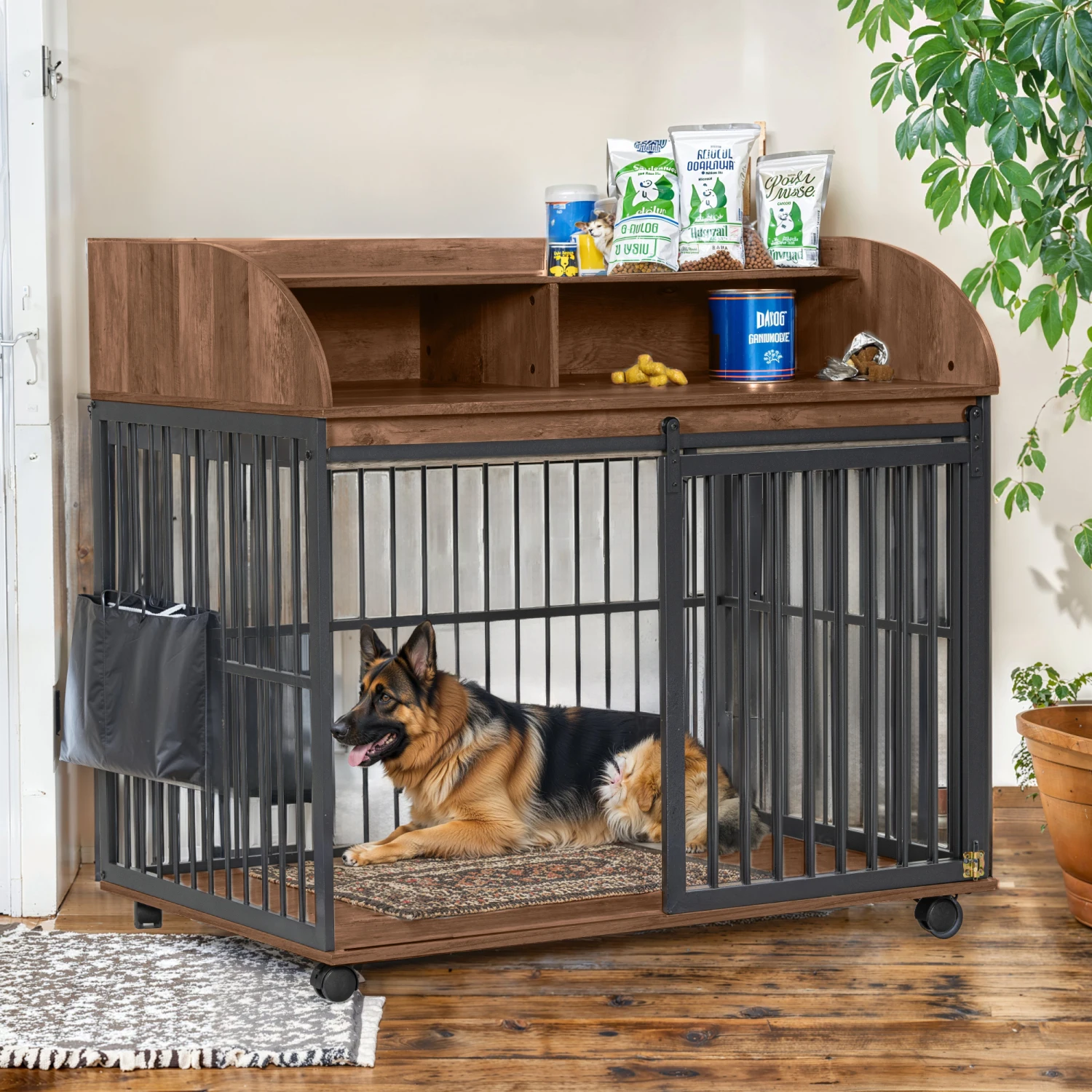 

44" Heavy Duty Large Dog Crate Furniture with Lockable Wheels, Wooden Dog Kennel End Table Crate, Double Layer Storage - Brown