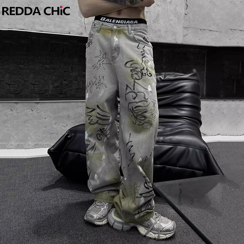 REDDACHIC Graffiti Retro Skater Men Baggy Jeans Graphic Print Wide Leg Pants Distressed High Waist Trousers Harajuku Streetwear