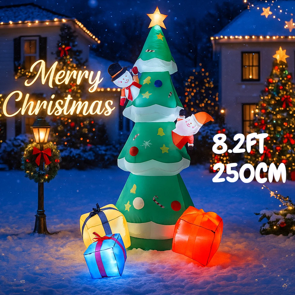 8.2FT Kerst Opblaasbaar Speelgoed LED Boom Set Kerstman Sneeuwpop Geschenkdoos Levert Thuis Ornament Feestelijk Cadeau Kerst Tuin Decoraties
