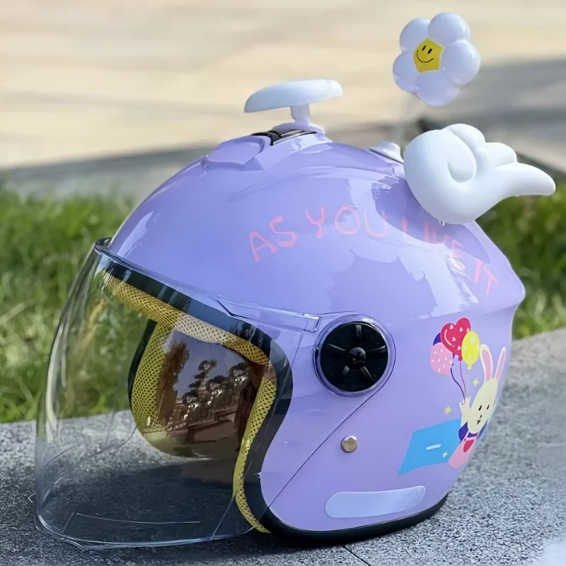 3-14 Years Old Kids Cute Half Face Helmet with Balloon Rabbit & Wings, Rainproof Sunscreen Safety Helmet for Scooter Riding