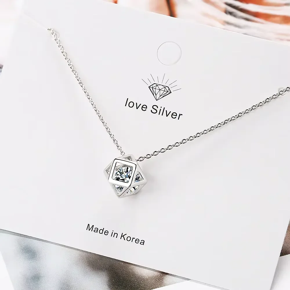 

S925 Sterling Silver Women's Collarbone Chain Rubik's Cube Zircon Pendant Necklace (40cm + 3.5cm) Luxury Jewelry