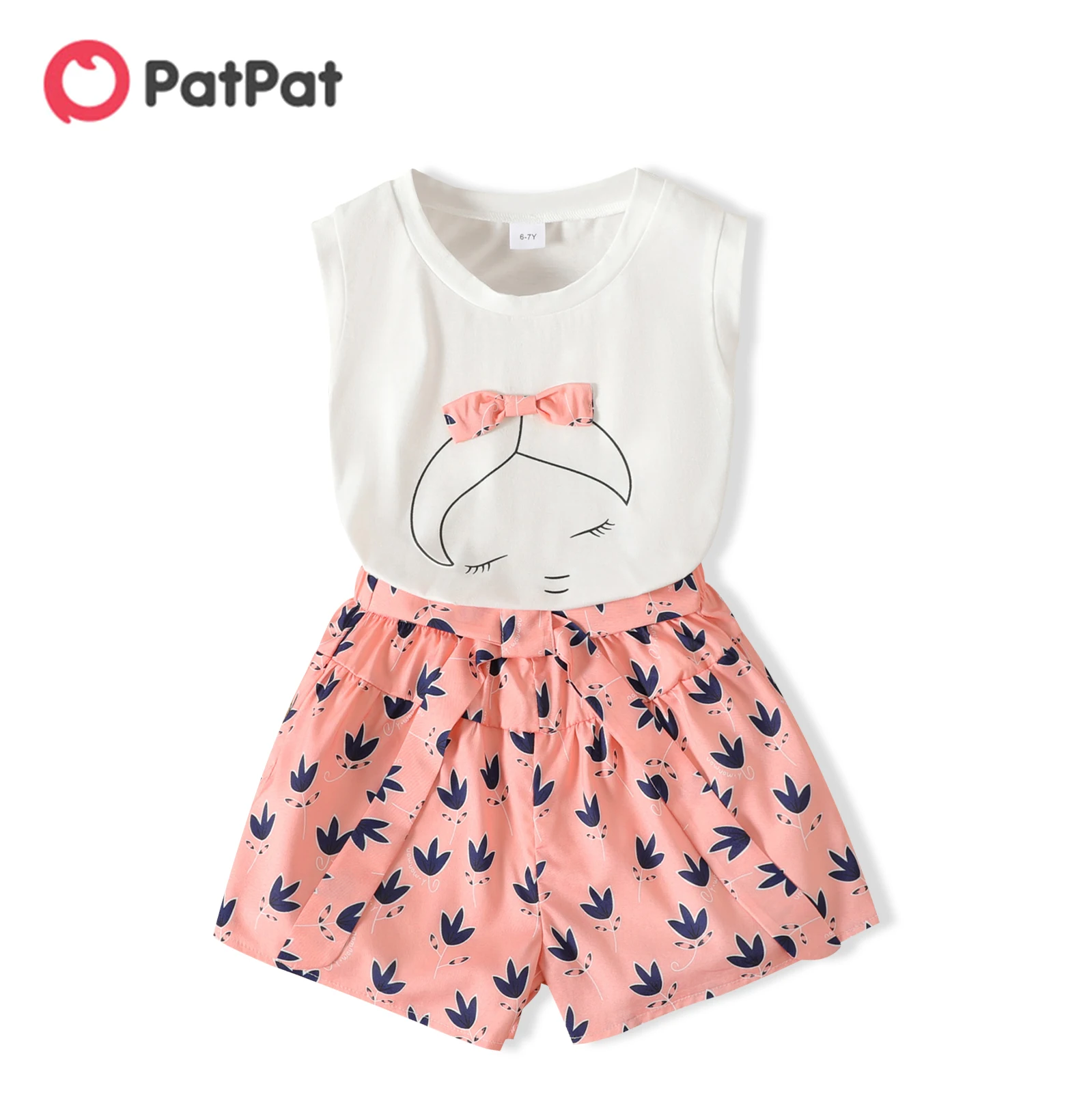 PatPat 2pcs Kid Girl Bowknot Design Sleeveless Top and Allover Print Shorts Set