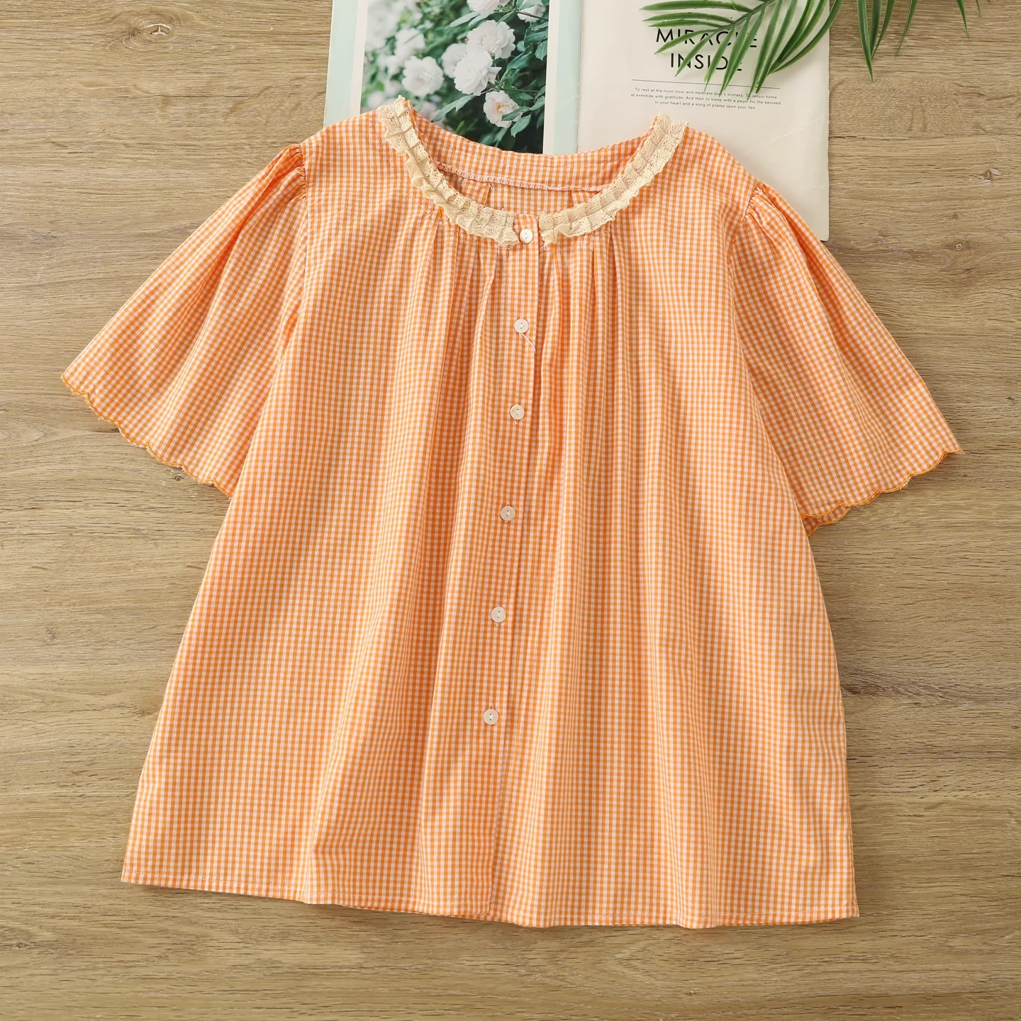 

2025 Sweet lolita tops mori girl summer Japanese style lace collar orange navy blue plaid shirts cotton short sleeve blouses