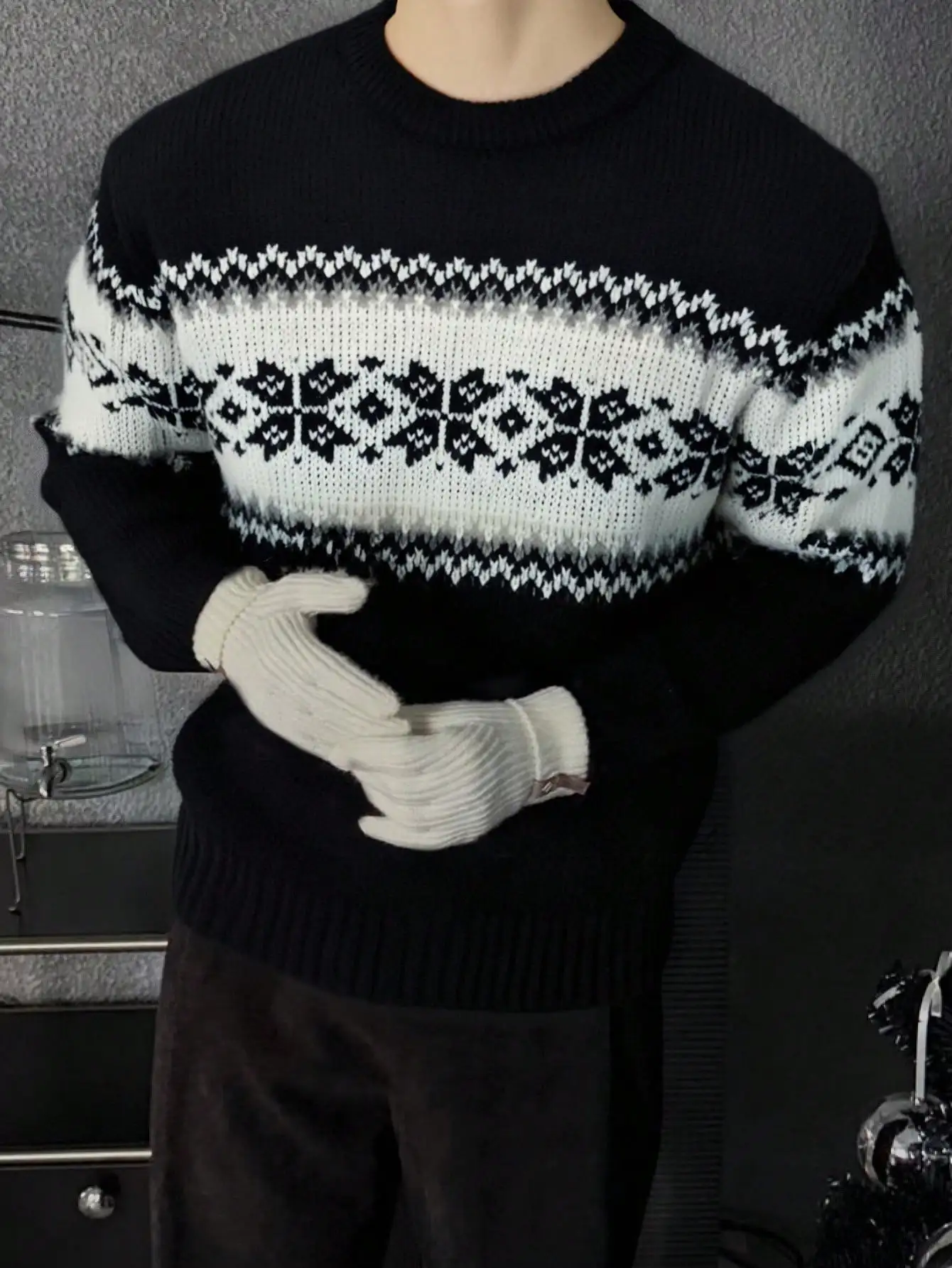 

Autumn and Winter New Korean-Style Men's Casual Versatile Simple Plaid Jacquard Unisex Round-Neck Pullover Long-Sleeve Sweater Knit Top