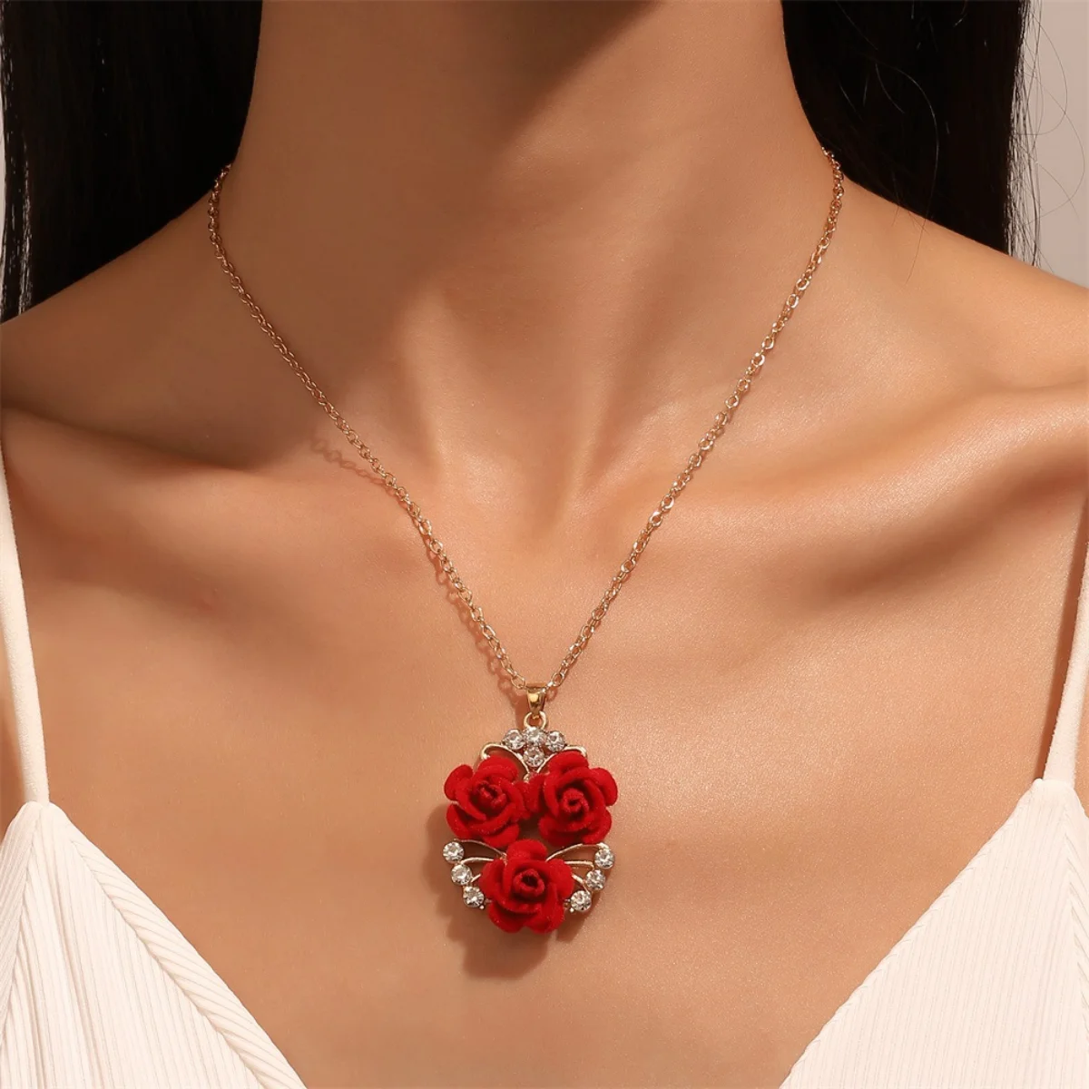 2023 Rose Necklace Set Vintage Fashion Red Rose Jewellery Earring Ring Valentine's Day Gift Support Bulk Wholesale Cheap 1$Order