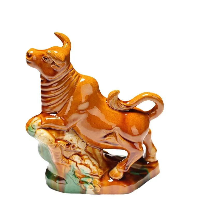 Tri-Color Glazed Ceramic Lying Ox Figurine Notch Design Lucky Feng Shui Ornament for Home Decoration