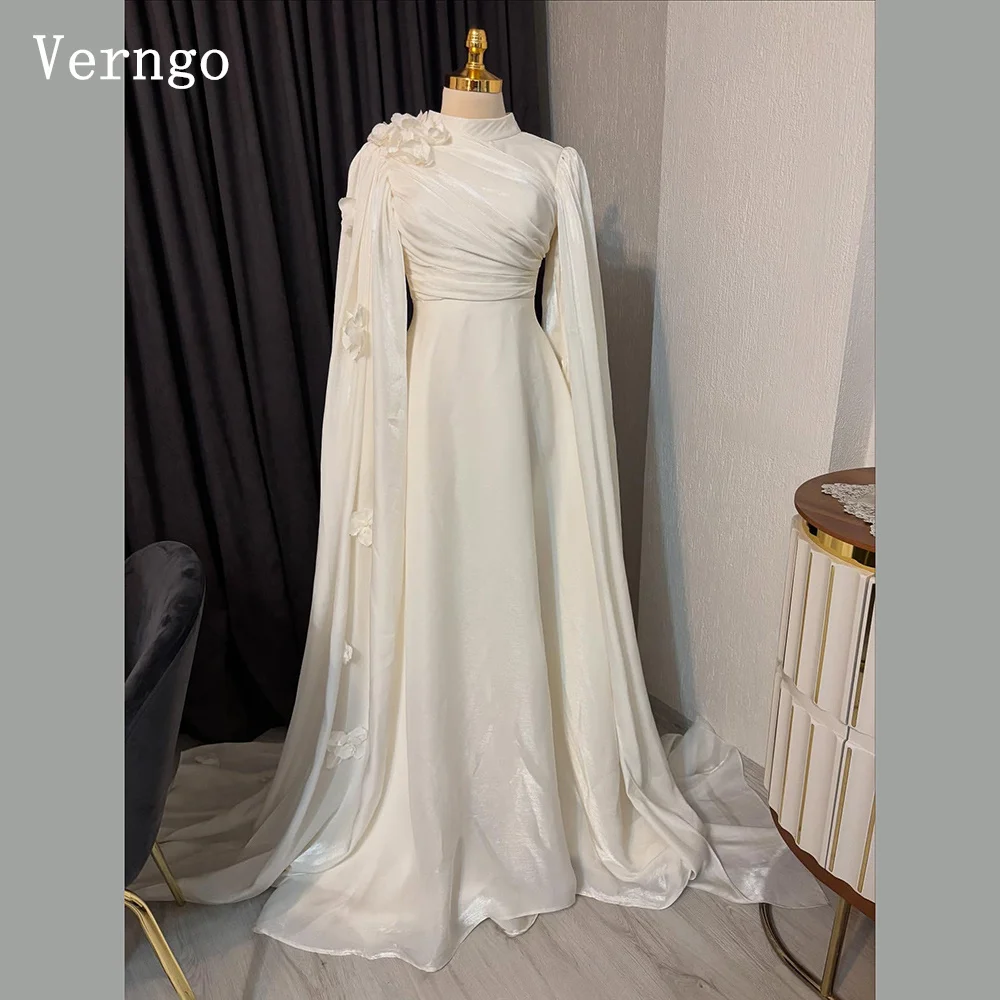 

Verngo lvory Shiny Satin Evening Dress O Neck Full Sleeves A Line Prom Gowns Modest Arabic Formal Cooasin Dress Customized