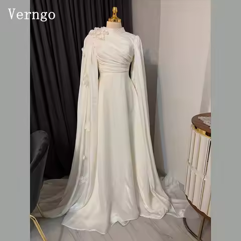 Verngo lvory Shiny Satin Evening Dress O Neck Full Sleeves A Line Prom Gowns Modest Arabic Formal Cooasin Dress Customized