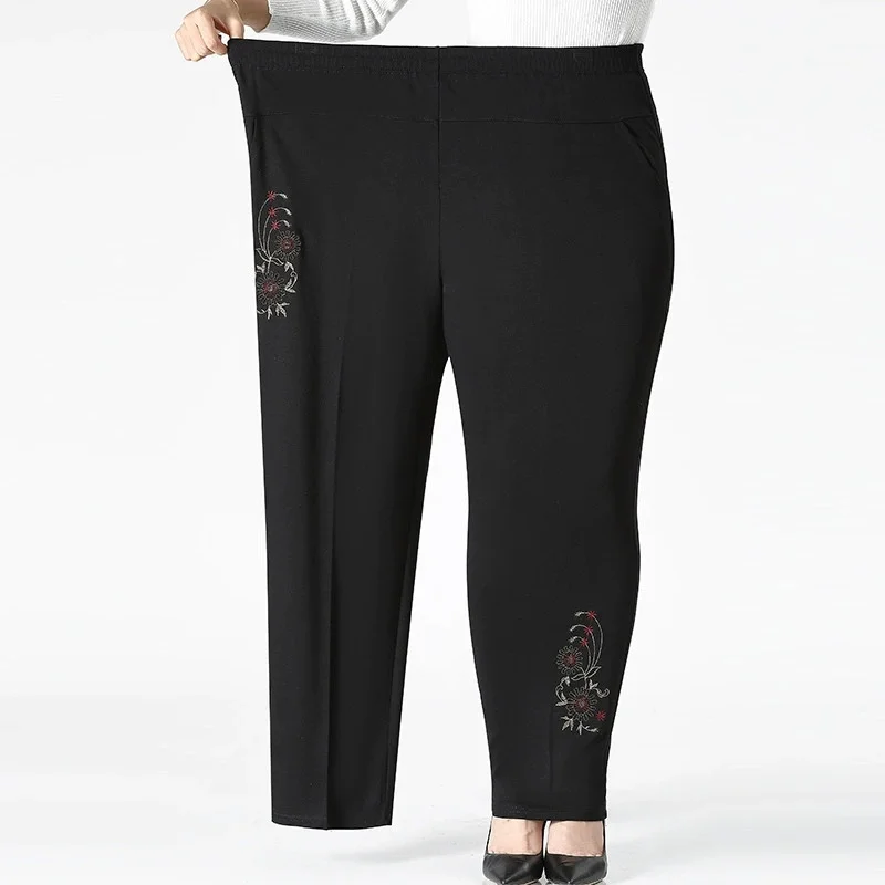Autumn Winter Women Long Pants New Fashion Embroidered Elastic High Waist Casual Pants Middle-aged Female Straight Leg Pants