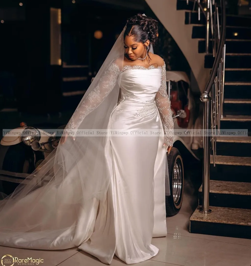 Mermaid 2 In 1 Wedding Dresses Satin Sheer Neck Long Sleevee Corset Lace Beads Africa Detachable Train Bridal Gowns Customized