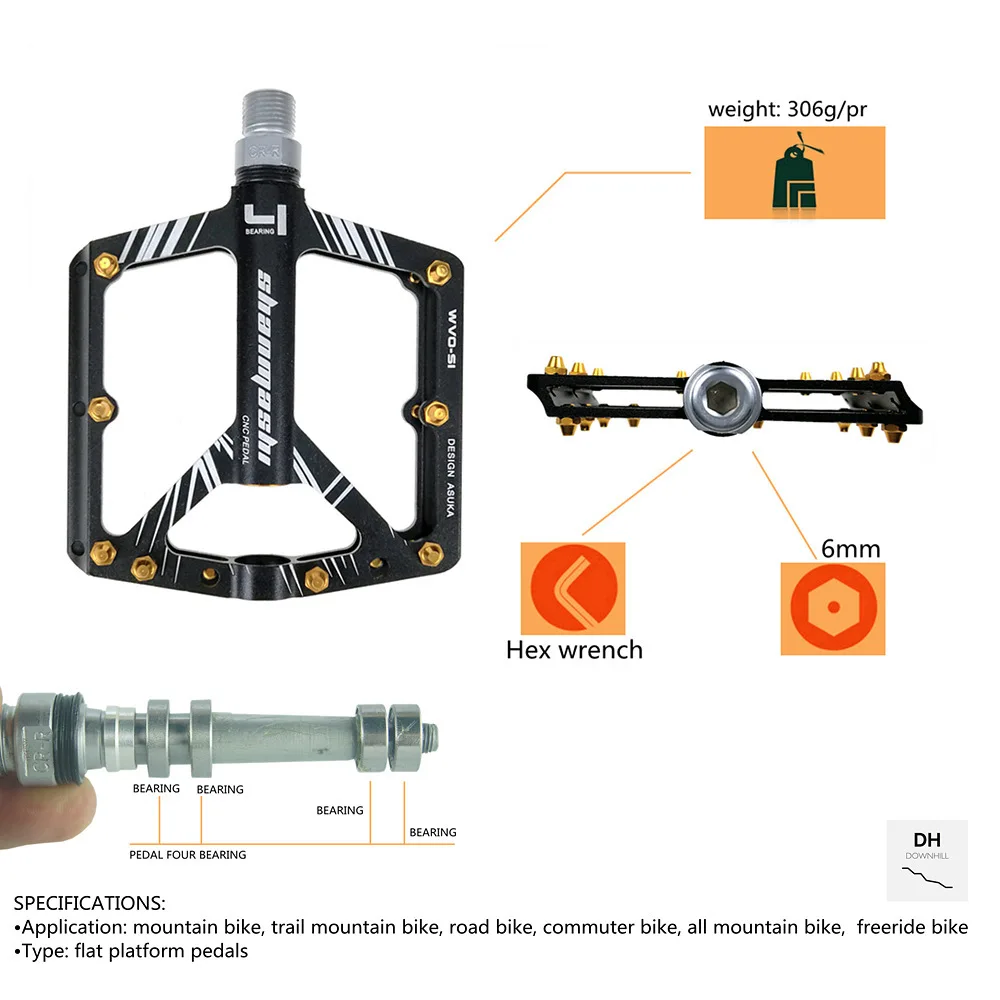 Pedali bici Shanmashi 4 cuscinetti larghi pedali MTB antiscivolo pedale bici da strada ultraleggero in lega di alluminio CNC accessori ciclismo mtb