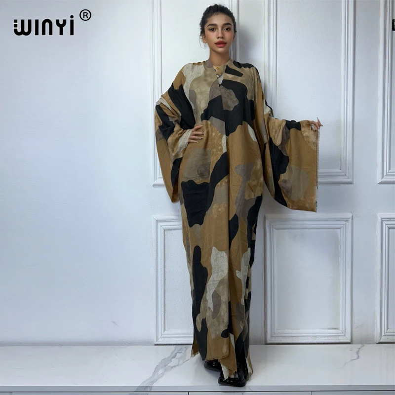 WINYI winter coat Abstract print Africa women print Warm Long Sleeve loose Fashion muslim women dresses long down Cardigan