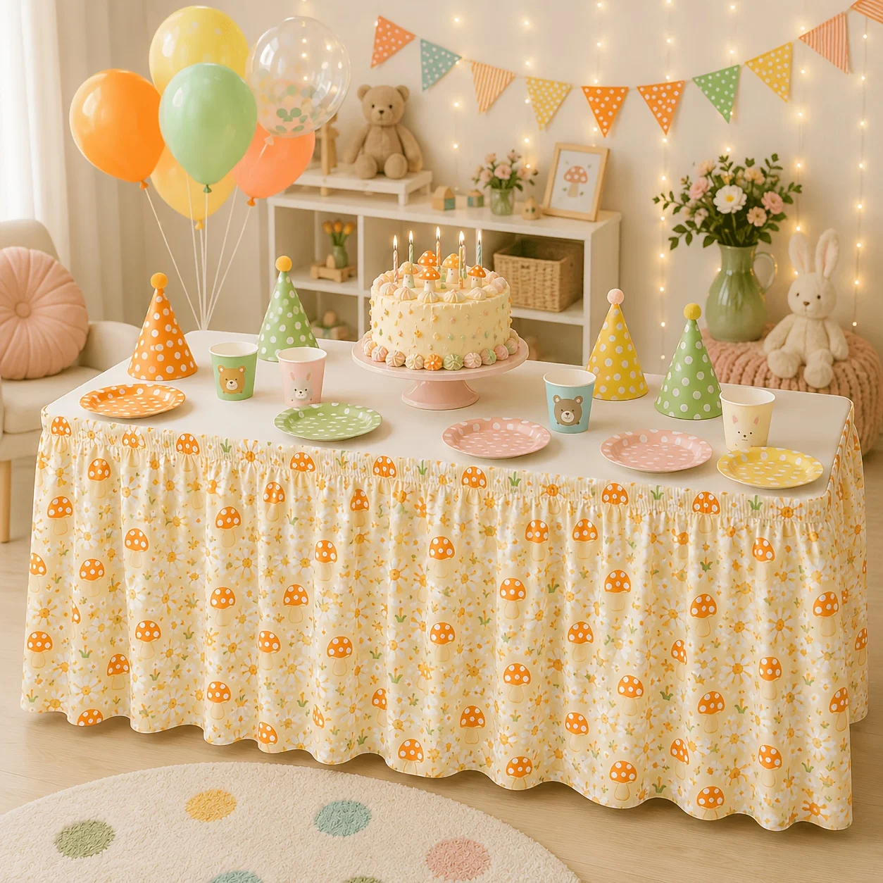 Sky-blue soft-toned butterfly daisy tablecloth with elasticized ruffled edges -