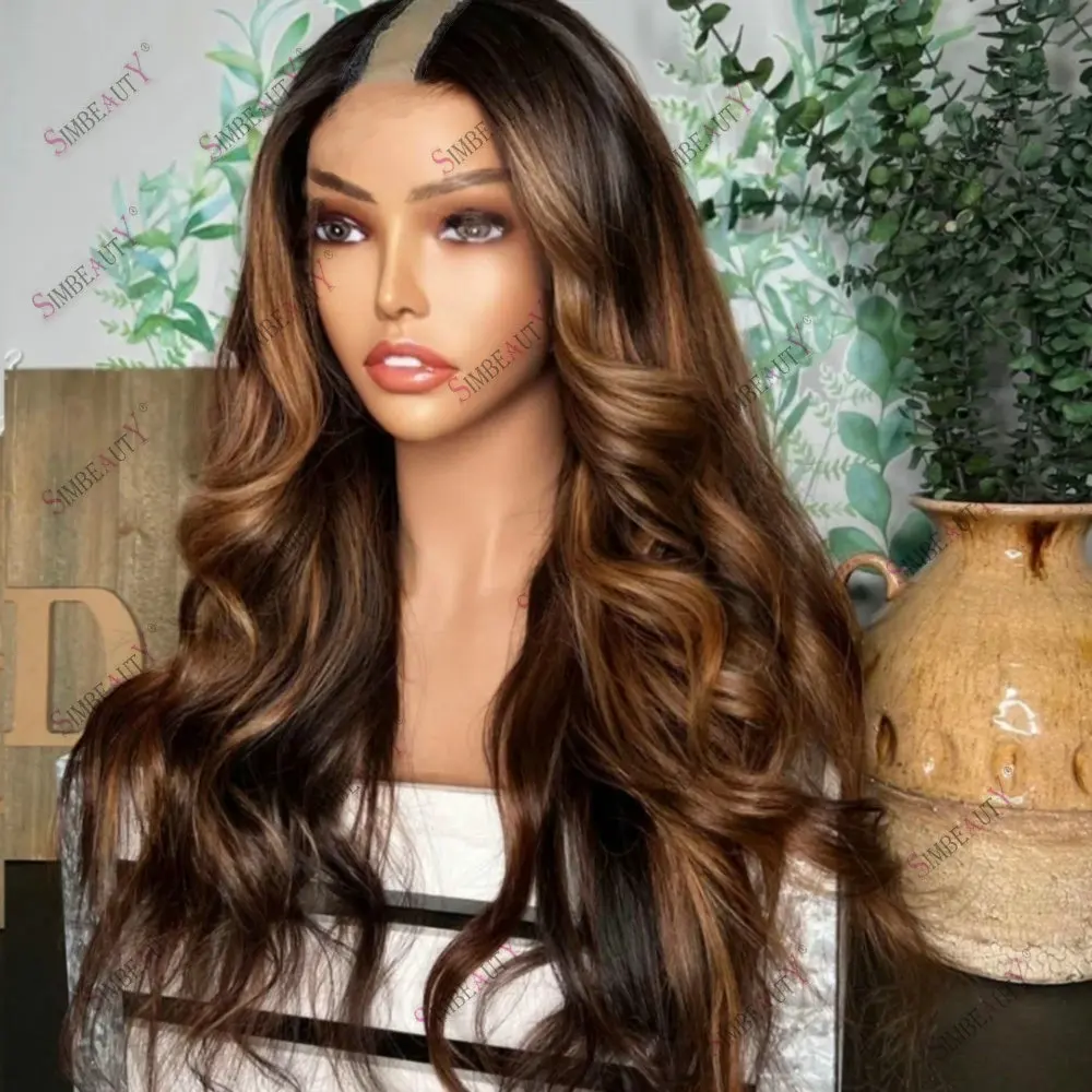 

Hightlights Honey Brown U Part Wig Human Hair Adjustable Loose Wave With 6Clips Glueless1*4Size V Part Wig Human Hair for Women