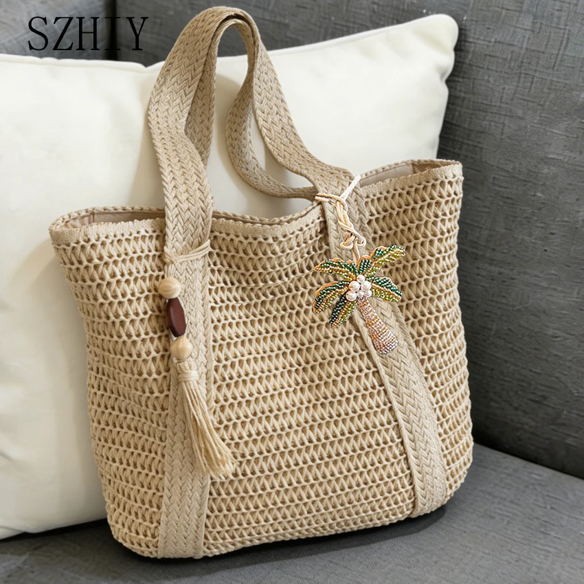 

Вместительная плетеная сумка-тоут для женщин: богемная, для отпуска, пляжа, шопинга, с карманами, для поездок на работу, классическая летняя дизайнерская сумка через плечо