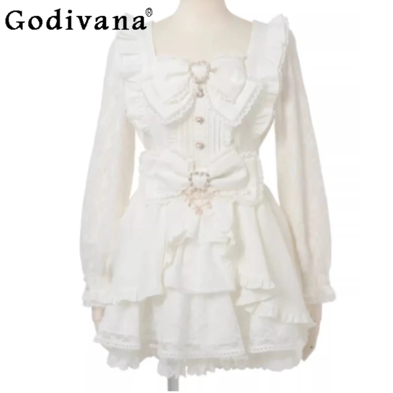 

New Large Size Sweet Japanese Cute Girl Cake Dress Fashion High Waist A-line Versatile Age-reducing Playful Square Neck Dresses