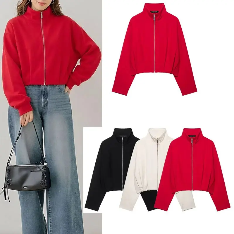 Women's Stand Collar Long Sleeve Bomber Jacket Casual Autumn Winter Zippered Short Outerwear Elegant Modern Daily Coat