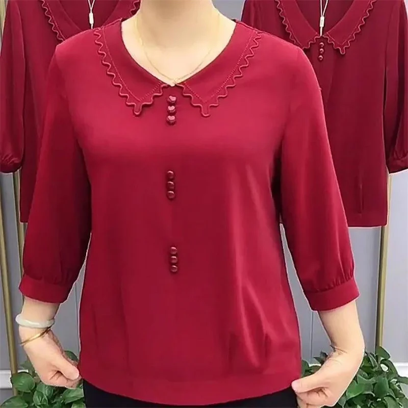 Camiseta informal de manga larga con botones para mujer, camisa holgada de gran tamaño con cuello redondo, blusa de fondo para madre de mediana