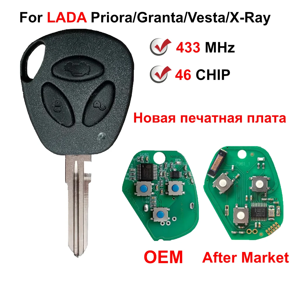 433 MHz 46 Chip 3 Buttons Remote Car Key For Lada Priora Granta Vesta X-Ray XRay Sedan Kalina Upgraded PCB 100% Work