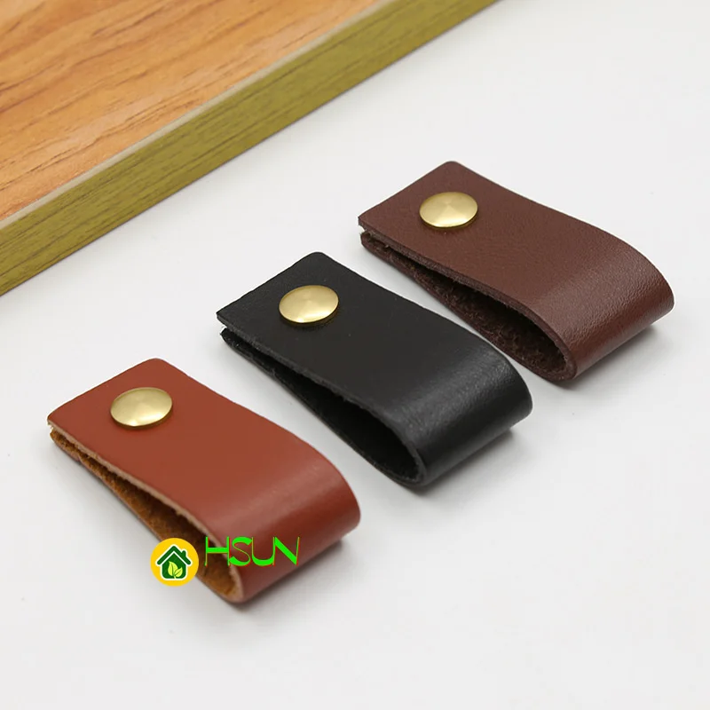 2 pcs Drawer cabinet door leather handle Leather Case Bag gift box carton wine box handle wooden case brass button brown leather