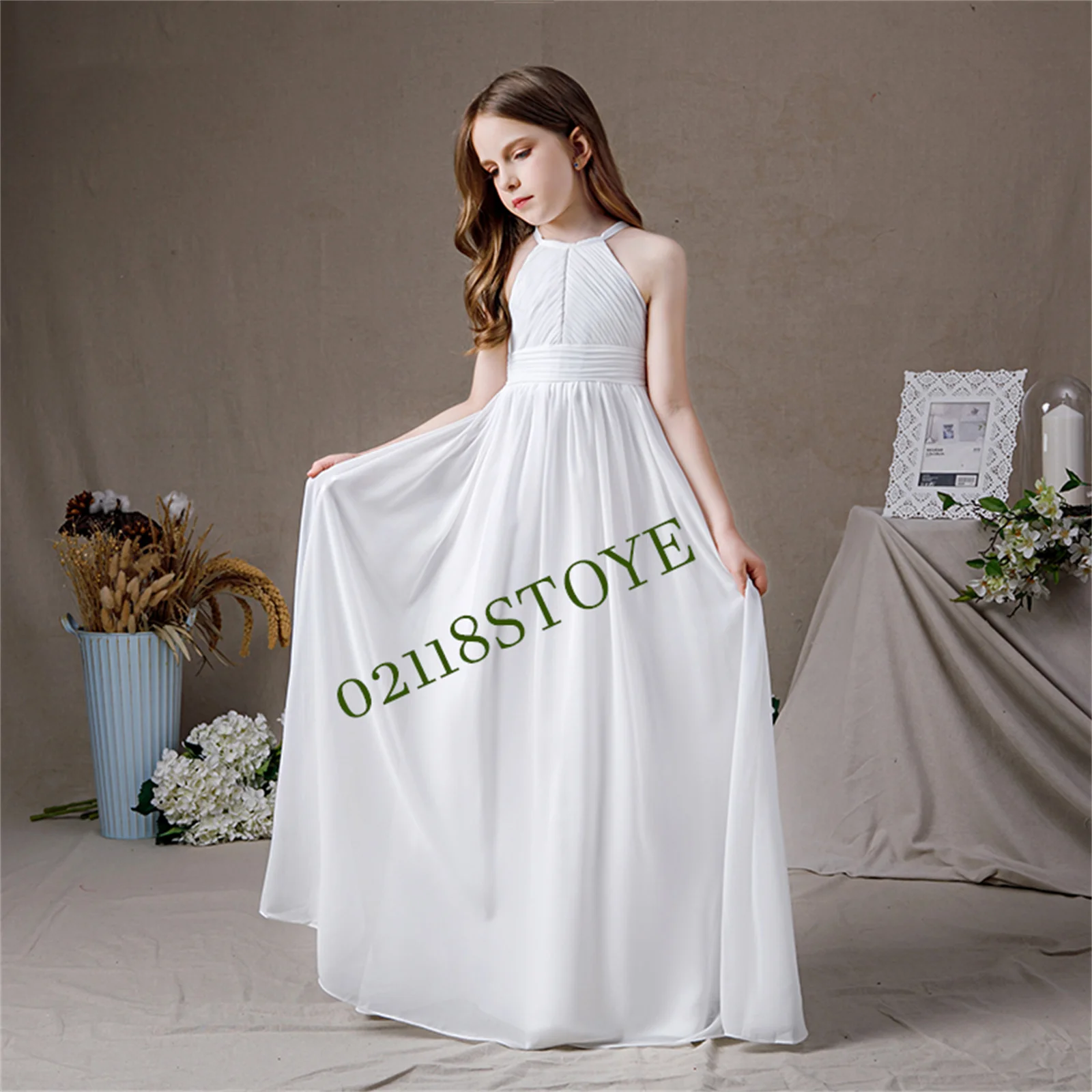 Chiffon Halter Sleeveless Flower Girl Dresses 2024 Floor Length First Communion Gown Junior Bridesmaid Concert Party