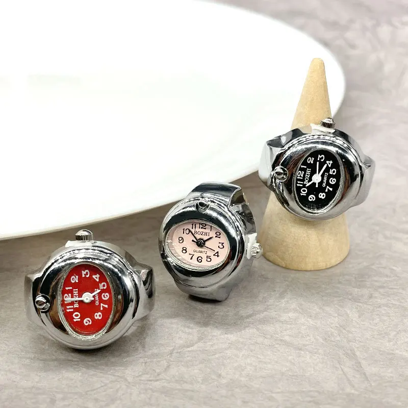 Kiss Jewelry Simple Silver Color Creative Quartz Watch Dial Finger Rings Couple Women Men Elastic Strap Metal Clock Ring Jewelry