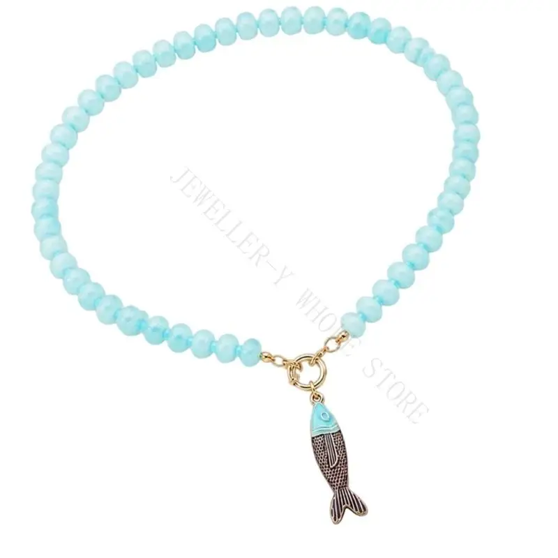 R7UF Stone Bead Pendant Necklace with Centered Fish-Shaped Accent for Party