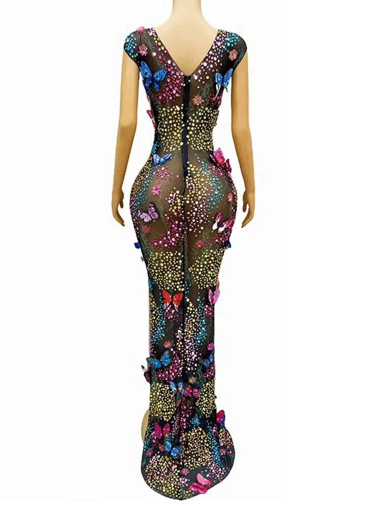 Strój damski na koncert i pokaz Rhinestone Elastyczna sukienka z rozcięciem w kształcie motyla Odzież damska luksusowa sukienka urodzinowa
