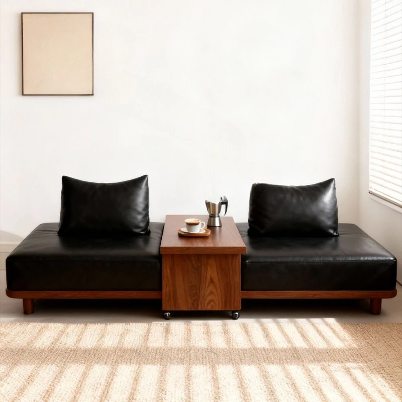 Solid wood double sofa small coffee table combination, sofa sitting and lying sofa