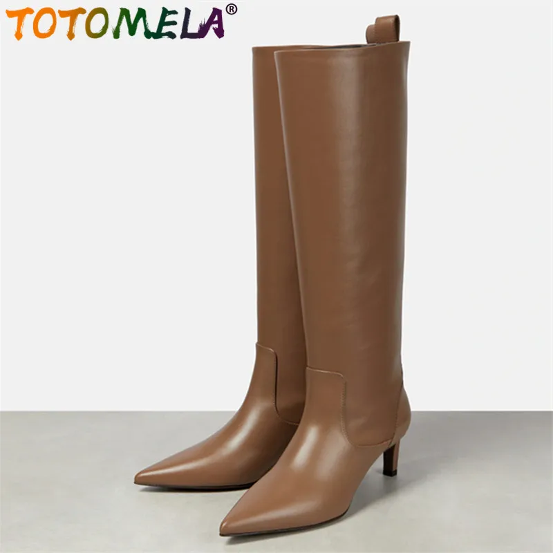 

TOTOMELA 2024 New Genuine Leather Knee High Boots Thin High Heels Slip On Boots Top Sale Ladies Pointed Toe Winter Boots