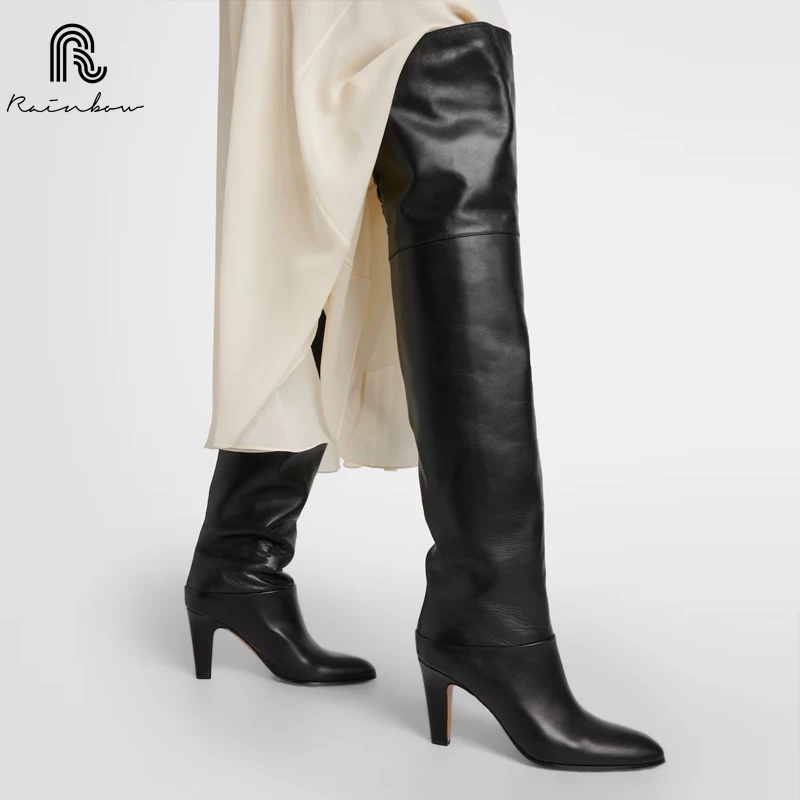 RAINBOW 33–46 Rindsleder über dem Knie, hohe Stiefel für Damen, echtes Leder, High Heels, Schuhe, Winter 2022, schlanke, lange Rittermode