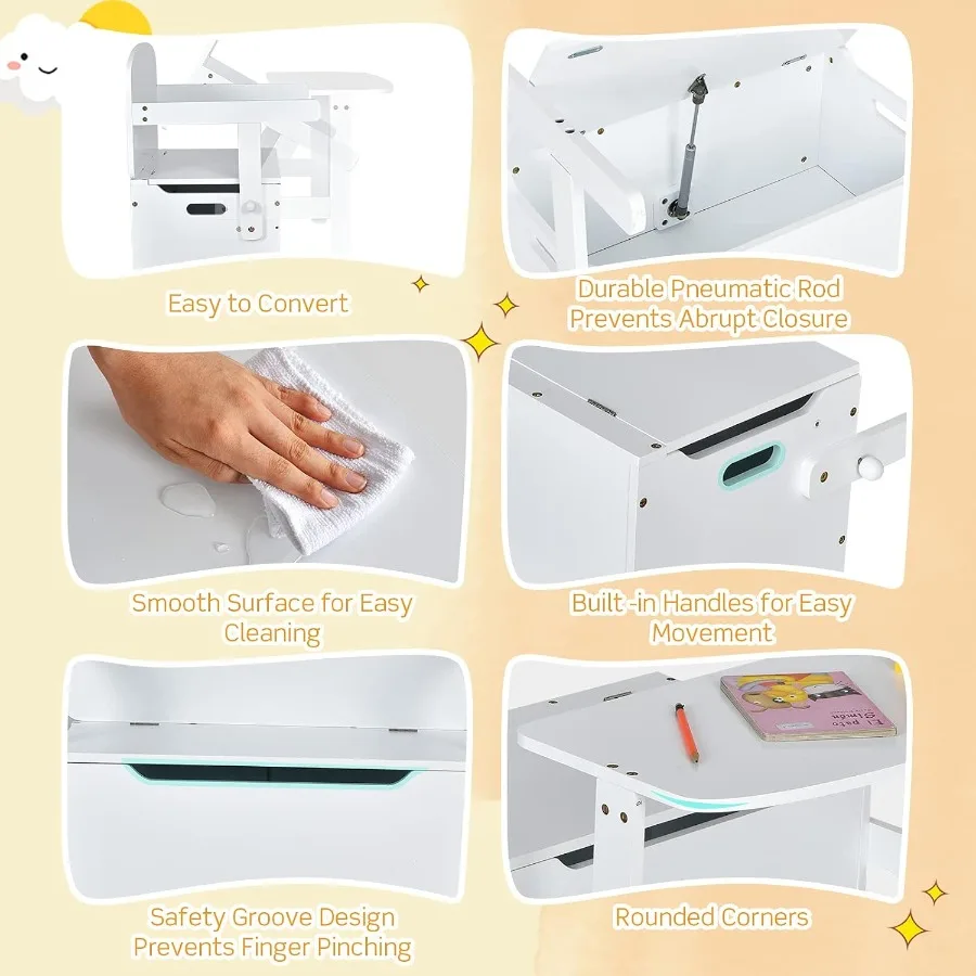 Converteerbare tafel- en stoelenset met geïntegreerde speelgoedopbergbank met ingebouwd handvat voor gebruik in de kleuterschool