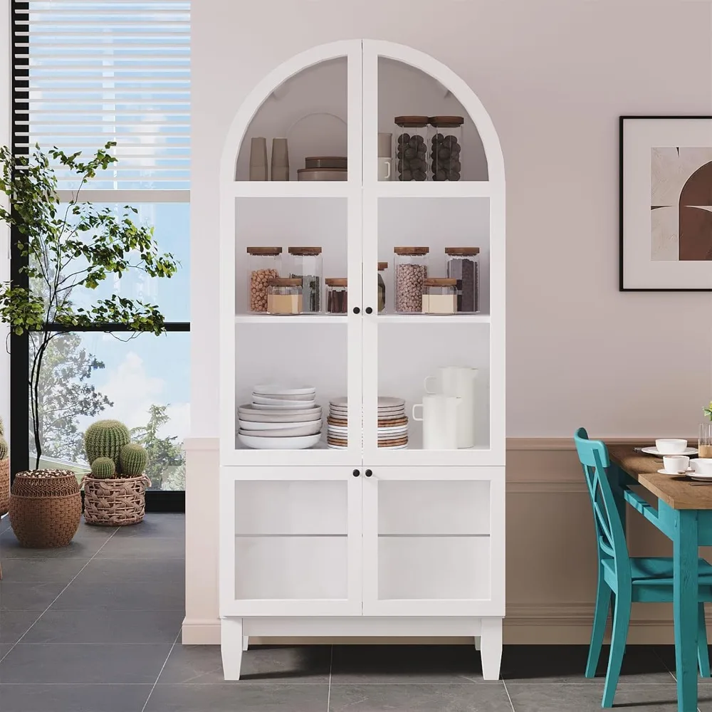 Tall Arched Kitchen Pantry Cabinet, Kitchen Storage Cabinet with Hidden Drawers & Adjustable Shelves