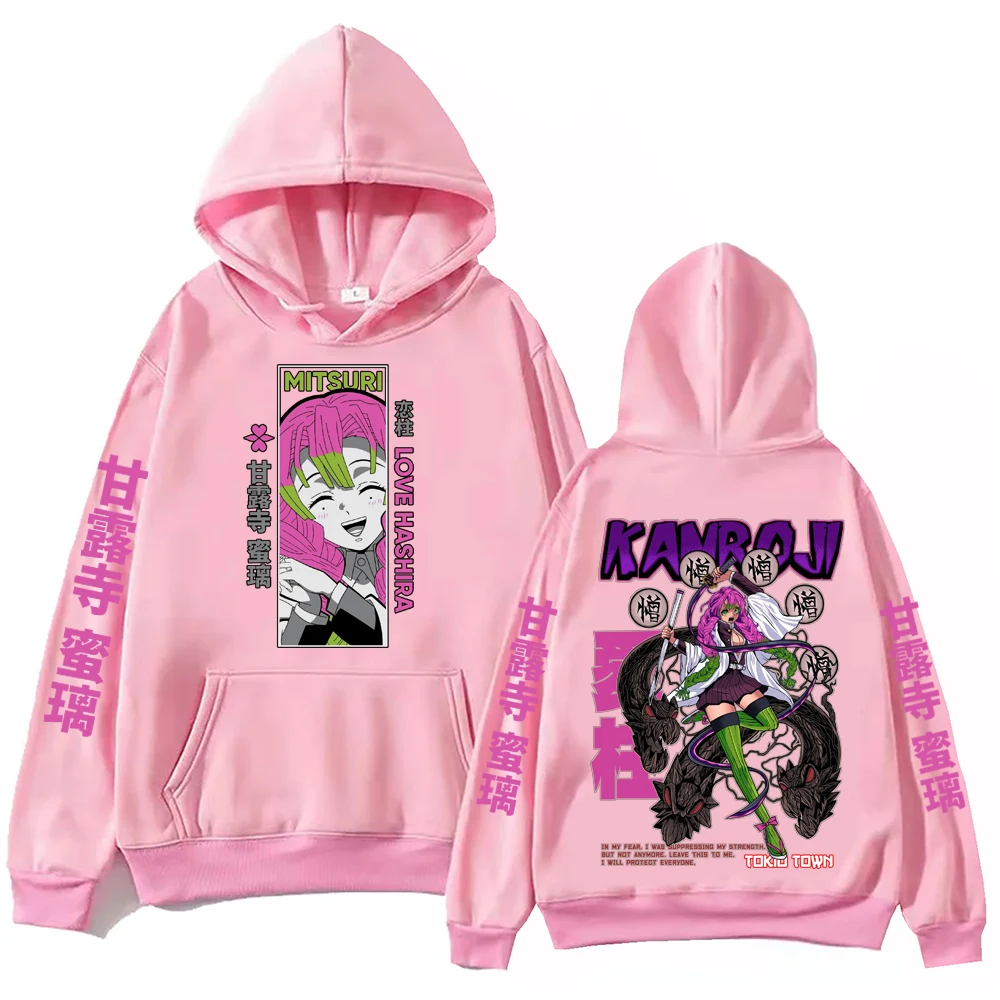 2025 atasan Pullover Harajuku Anime Demon Slayer Kanroji Mitsuri Hoodie Atasan Pria Wanita Sweatshirt hadiah penggemar