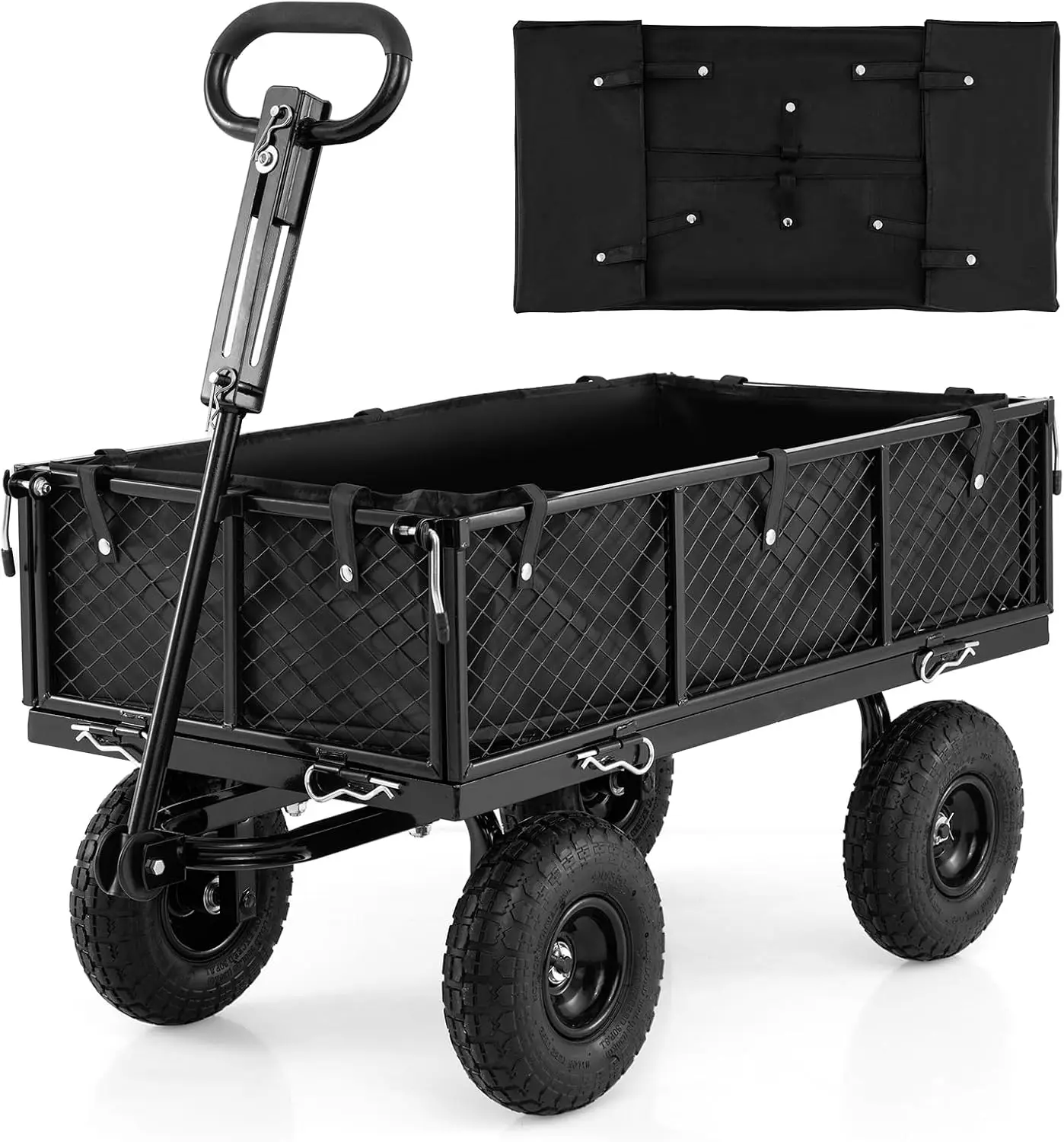 Heavy-Duty Garden Cart, 880 lbs Metal Utility Wagon Cart with Removable Oxford Cloth Liner and Mesh Sides, 10-Inch Pneumatic Tires, 180-Degree Rotating Handle, Yard and Lawn