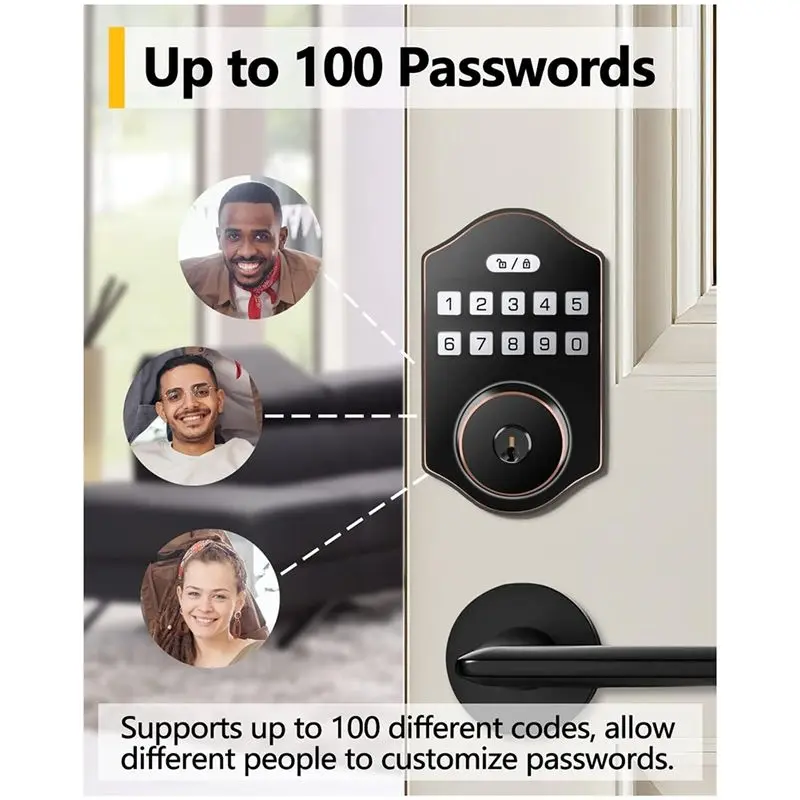 A84E-1Set Keyless Entry Door Lock,  Auto Front Door Lock 100 Users Codes With Anti-Peeking Electronic Deadbolt With Keypad Black