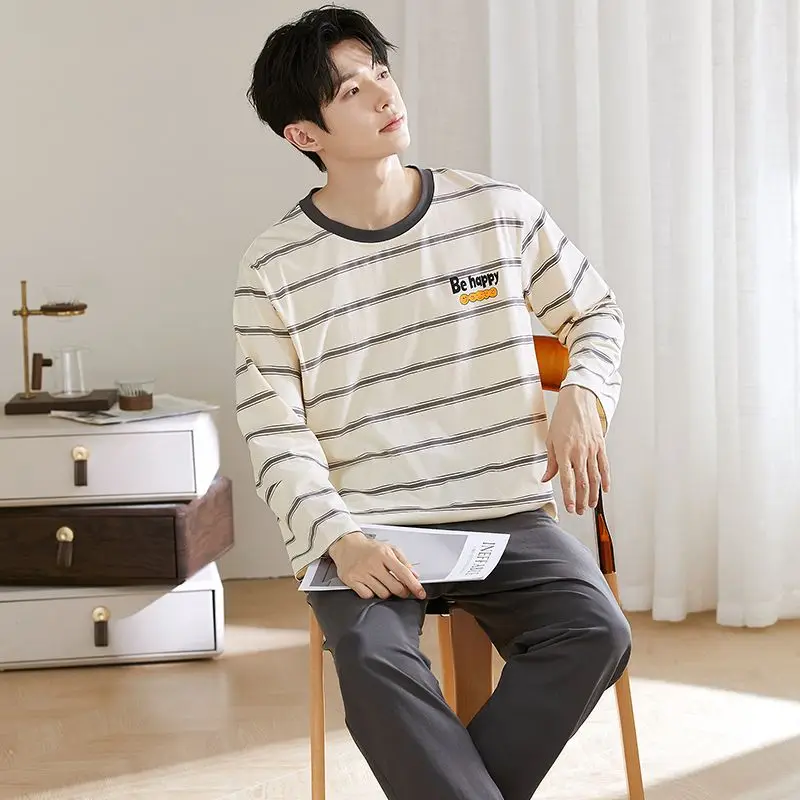 2025 Autumn Long Sleeve 100% Cotton Casual Striped Pajama Sets for Men Korean Loose Sleepwear Pyjamas Male Homewear Home Clothes