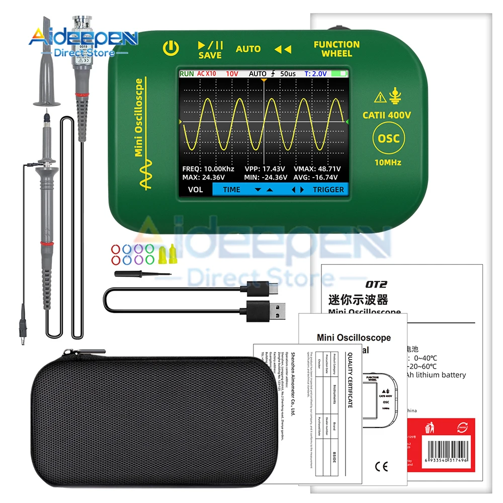 OT2 2.8inch TFT 48MSa/s 10MHz Professional Digital Oscilloscope Laboratory Electrical Repair Auto Handheld Portable Oscilloscope