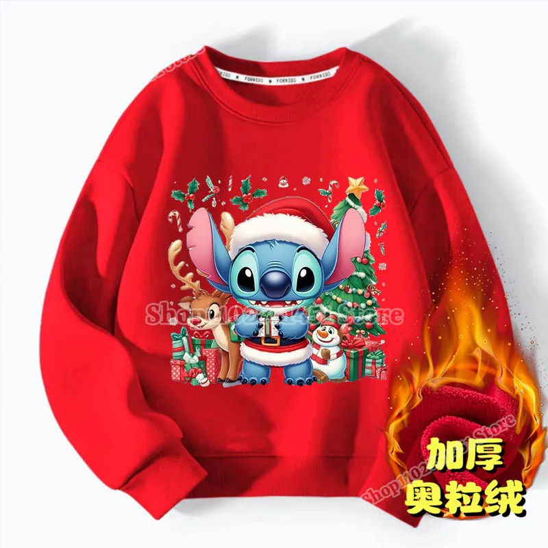 Christmas Stitch Print Red Sweatshirts for Kids Fleece Clothes Winter Warm Clothes Boys Girls Festival Outfits Kawaii Xmas Tops