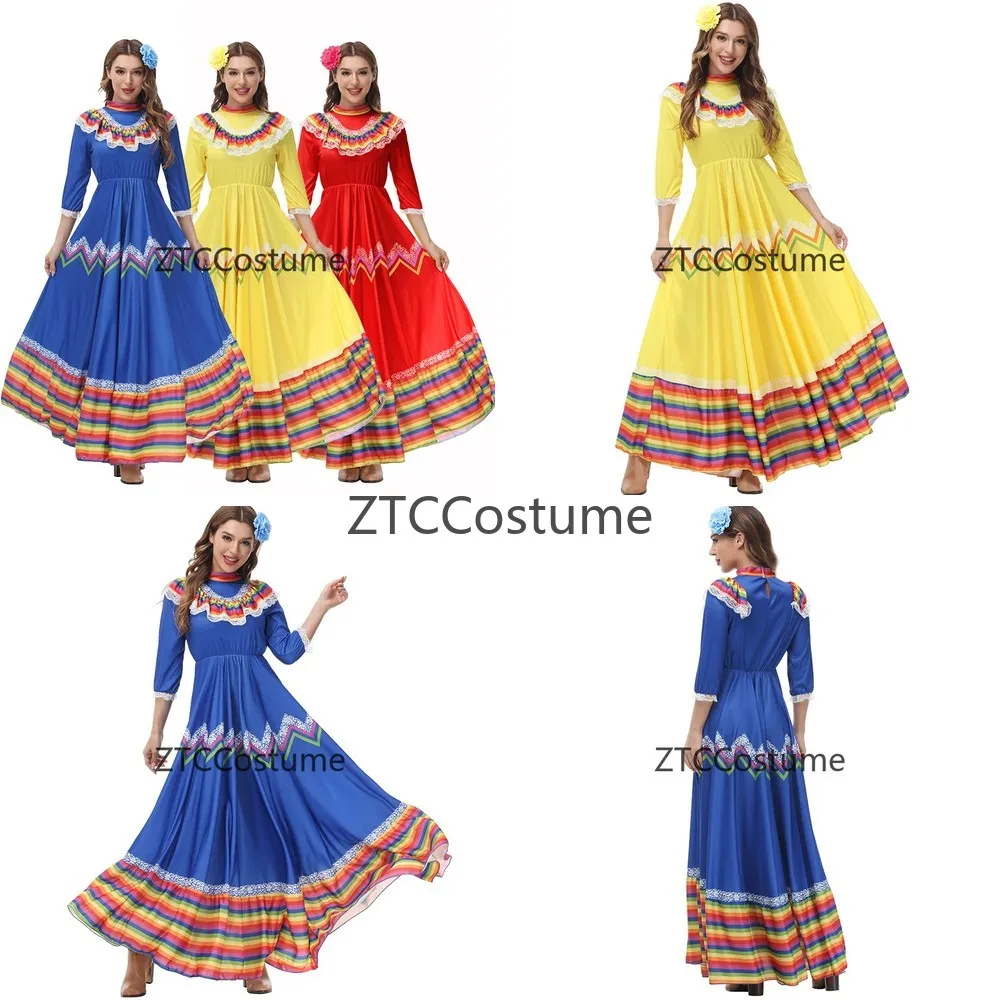 

Mexican Fiesta Bohemian Swing Dress Long Sleeve Stage Performance Costume for Women Cosplay Festival Dance Skirt