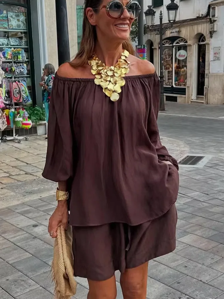 HH-Top decorativo de hombro de rocío de manga larga para Mujer, Top + cintura elástica con cordón y bolsillos, Mini conjunto corto liso para Mujer