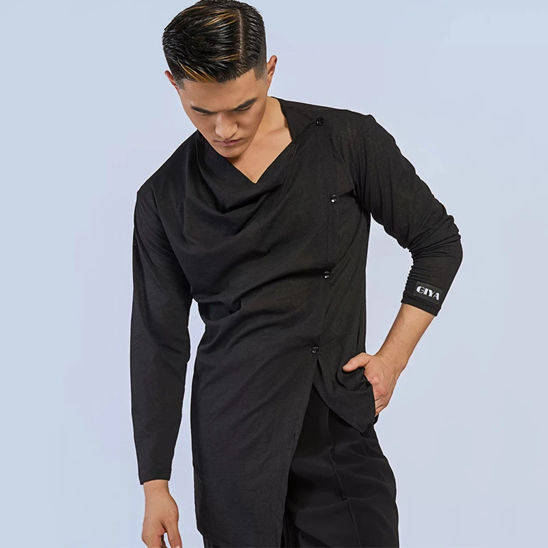 Long Sleeved Swing Collar Irregularly Loose Shirts Latin Dance Tops For Men Rumba Chacha Practice Clothes Latin Wear DQS24638