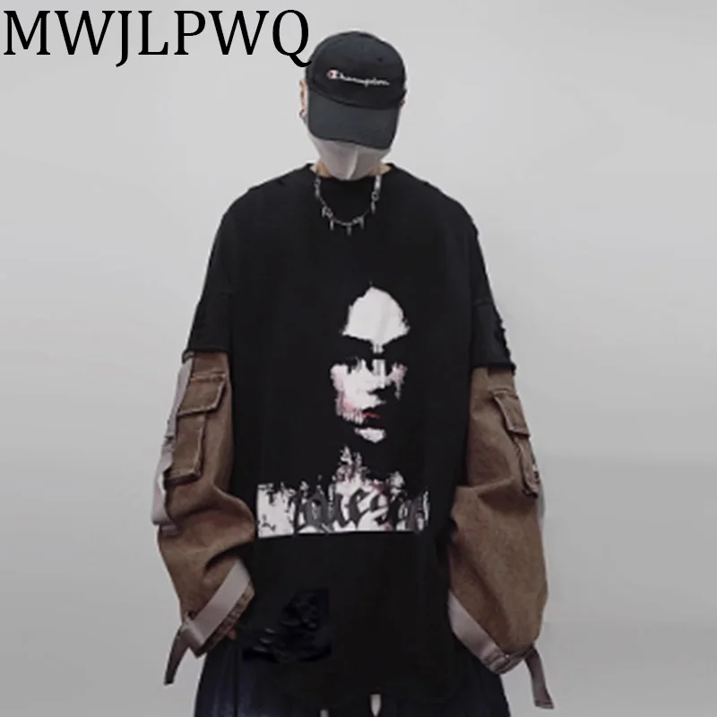 

MWJLPWQ American High Street Spliced Hole Sweatershirt Men's Printed Pocket Lace Up Niche Design Hiphop Retro Tops Trend 010686
