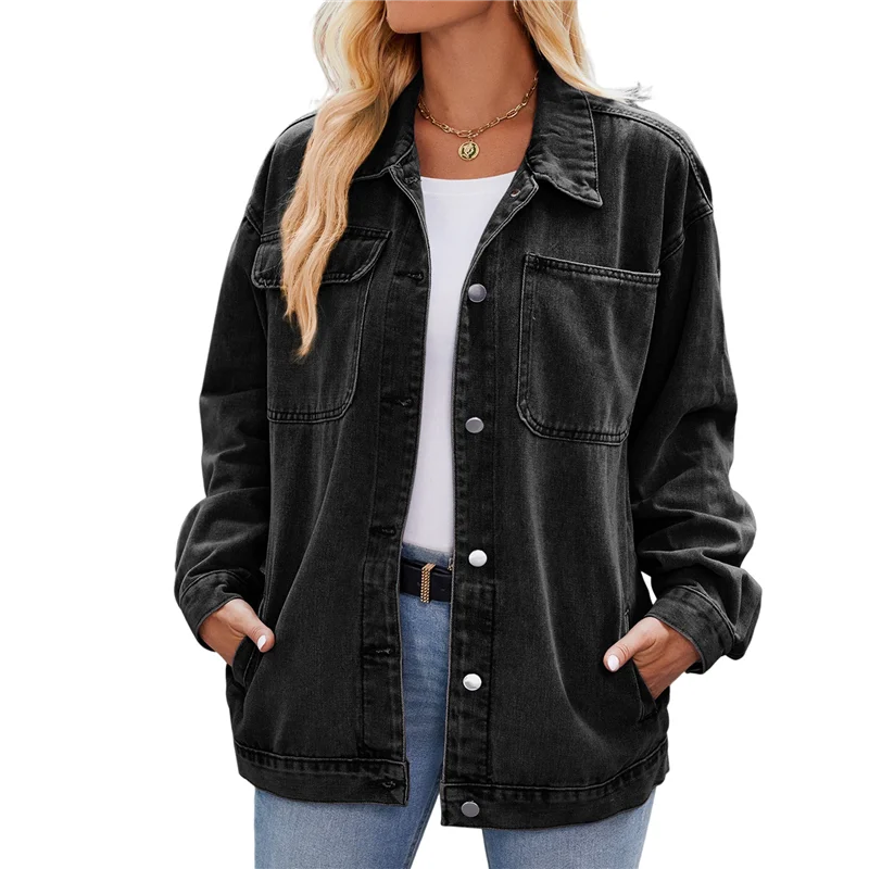 ABAH-여성 캐주얼 긴 소매 라펠 버튼 아우터웨어 루즈 보이프렌드 스타일 재킷 패션 데님 재킷 블랙 & 그레이 L