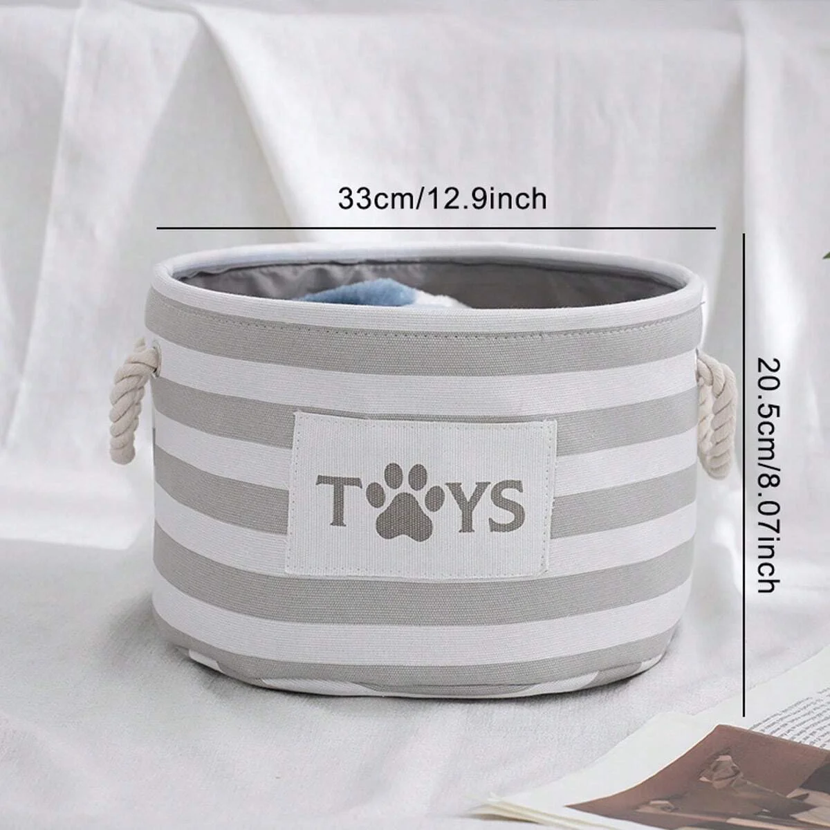 1pc-Striped Foldable Pet Toy Basket with Braided Rope Handle - Dog Toy Storage Box Accessories Dog Toy Basket