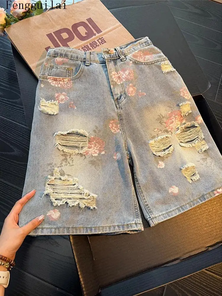 Ladies Y2K Floral Print Ripped Denim Bermuda Shorts Distressed Frayed Hole Wide Leg Mid Calf Casual Summer Jean Shorts