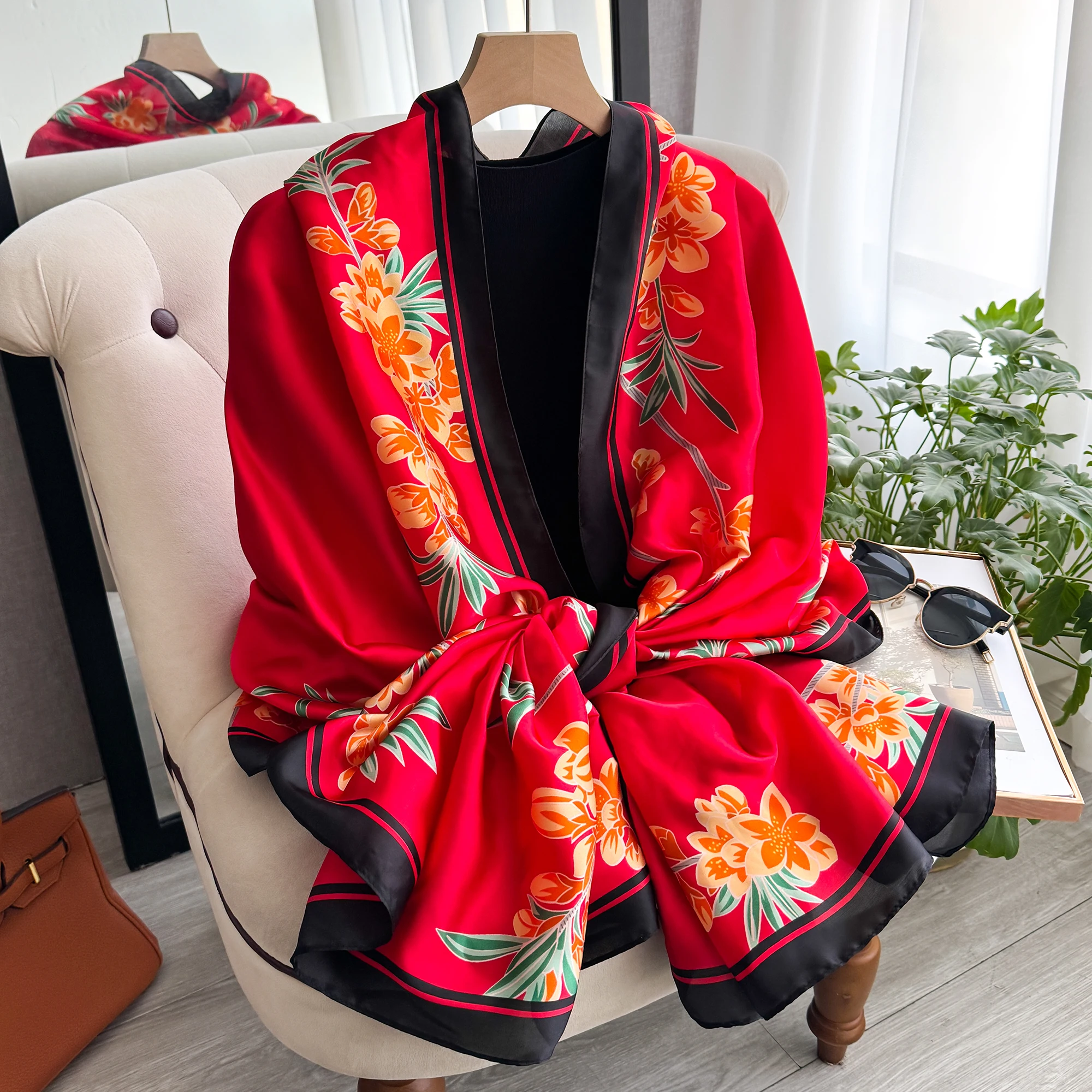 Klassischer Seidenschal 180x90cm für Damen, großer modischer bedruckter Schal für Büro, Hijab, Strandtuch, Bandana, Muffler, Pareo – Detail 3
