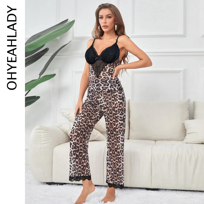 

Ohyeahlady Women's Leopard Pajamas Sets 2 Pieces Floral Lace Sleepwear Elegant See Through Nightie Large Size Sexy Lingerie Sets