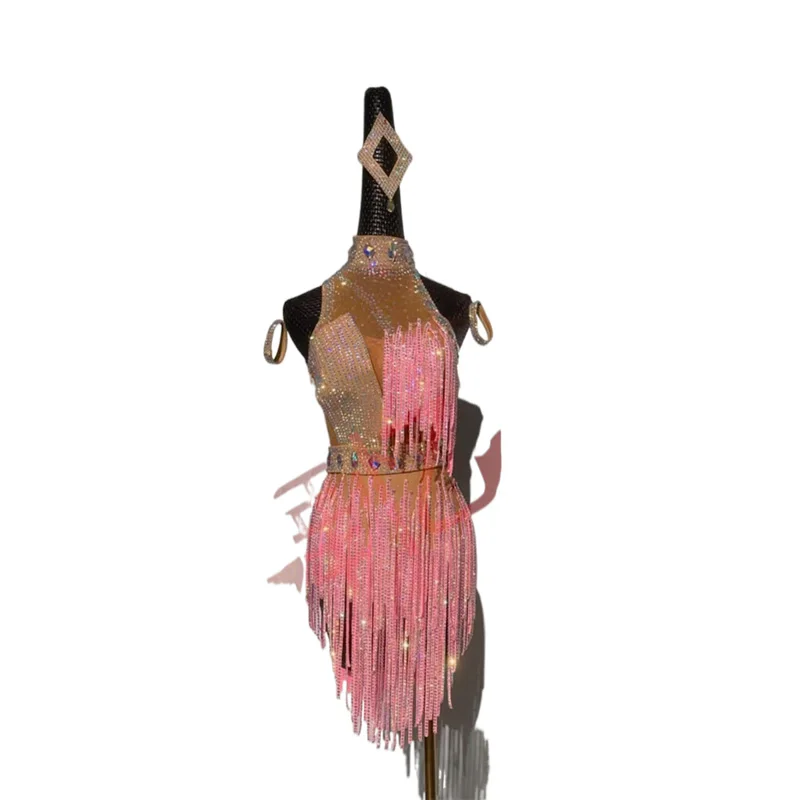 Latin Dance High-end Custom New Full Diamond High-end Competition Clothing Pink Cha Cha Tango Women Professional Dress