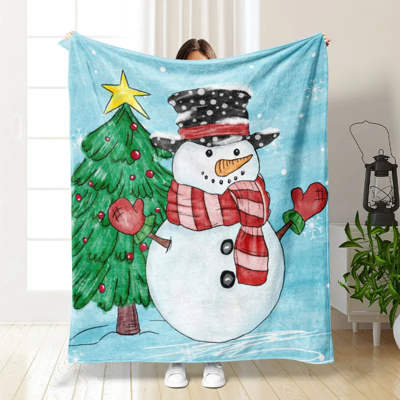 Christmas Snowman Fleece Blanket Skin-friendly Portable Multi-use Throw Nap Blanket Festival Element Halloween New Year Gift